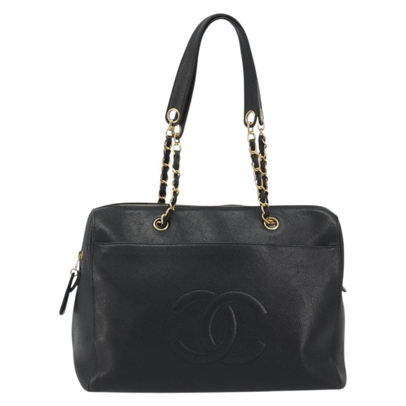 CHANEL Chain Shoulder Bag Caviar Skin Black Gold CC Auth 186613V