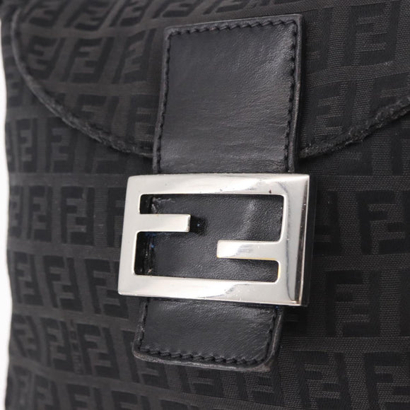 FENDI Zucchino Canvas Mamma Baguette Shoulder Bag Black Silver Auth 186623A