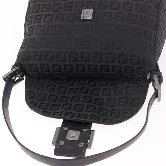 FENDI Zucchino Canvas Mamma Baguette Shoulder Bag Black Silver Auth 186623A