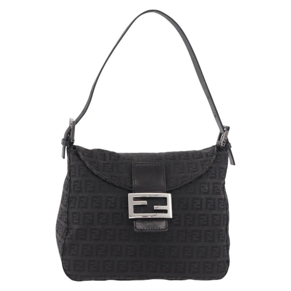 FENDI Zucchino Canvas Mamma Baguette Shoulder Bag Black Silver Auth 186623A