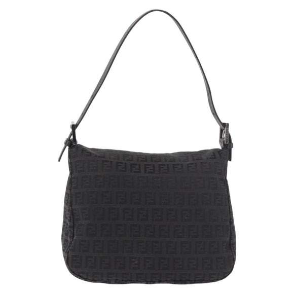 FENDI Zucchino Canvas Mamma Baguette Shoulder Bag Black Silver Auth 186623A