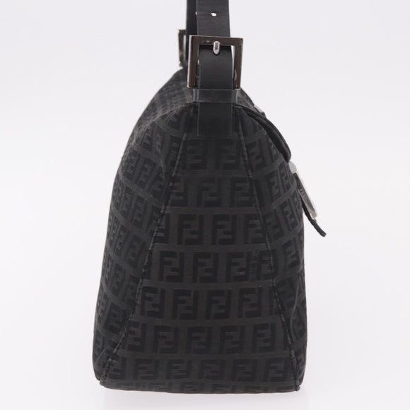 FENDI Zucchino Canvas Mamma Baguette Shoulder Bag Black Silver Auth 186623A
