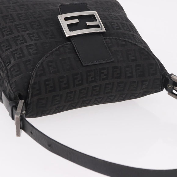 FENDI Zucchino Canvas Mamma Baguette Shoulder Bag Black Silver Auth 186623A