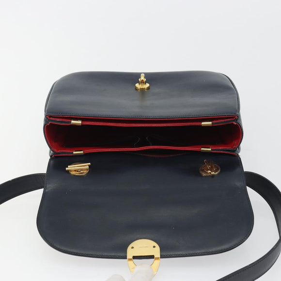 CELINE Hand Bag Leather 2way Navy Gold Auth 186644A