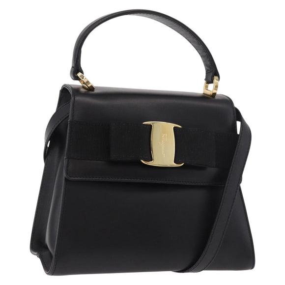 Salvatore Ferragamo Vala Ribbon Hand Bag Leather 2way Black Gold Auth 186645A