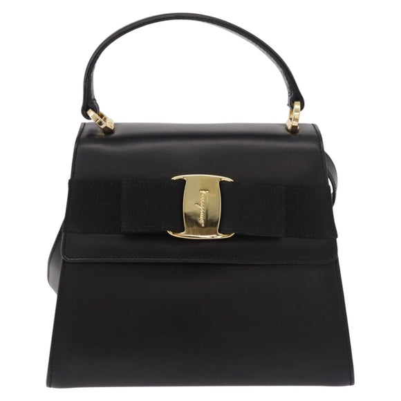 Salvatore Ferragamo Vala Ribbon Hand Bag Leather 2way Black Gold Auth 186645A