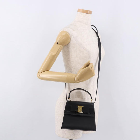 Salvatore Ferragamo Vala Ribbon Hand Bag Leather 2way Black Gold Auth 186645A