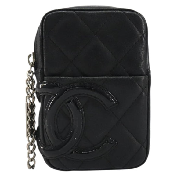 CHANEL Matelasse Cambon Line Pouch Lamb Skin Black CC Auth 186655