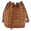 MCM Vicetos Logogram Drawstring Bag PVC Leather Brown Gold Auth 186663-2