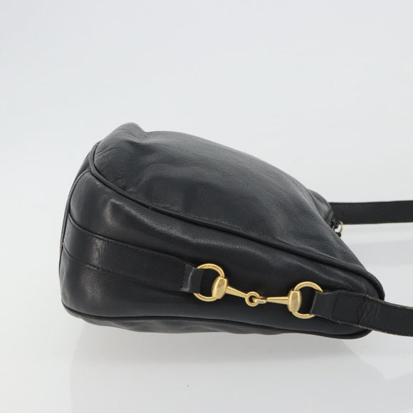 GUCCI Horsebit Shoulder Bag Leather Black Gold Auth 186667