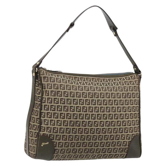 FENDI Zucchino Canvas Shoulder Bag Beige Gold 8BR531 Auth 186711V
