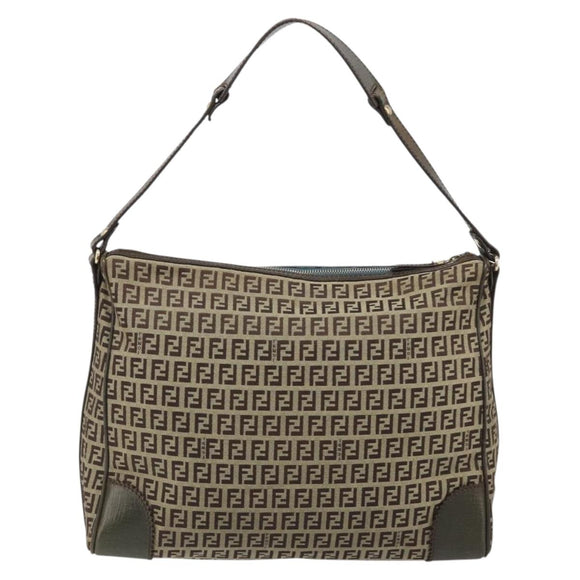 FENDI Zucchino Canvas Shoulder Bag Beige Gold 8BR531 Auth 186711V