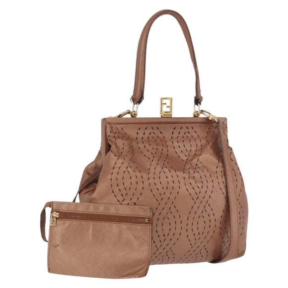 FENDI Shoulder Bag Leather 2way Bronze Gold Auth 186712