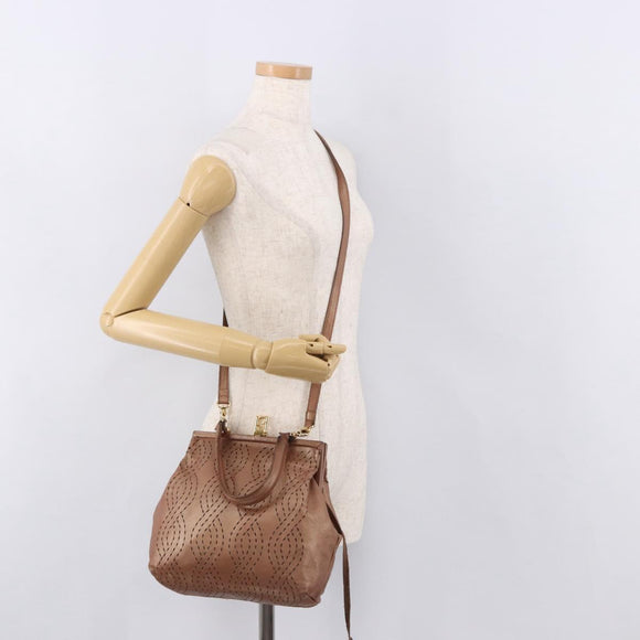 FENDI Shoulder Bag Leather 2way Bronze Gold Auth 186712