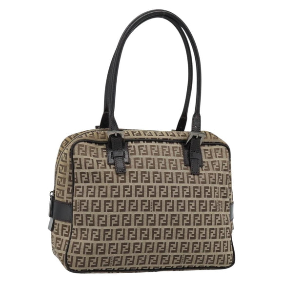 FENDI Zucchino Canvas Hand Bag Beige Silver Auth 186800A
