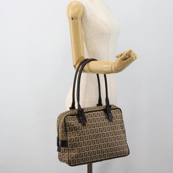 FENDI Zucchino Canvas Hand Bag Beige Silver Auth 186800A
