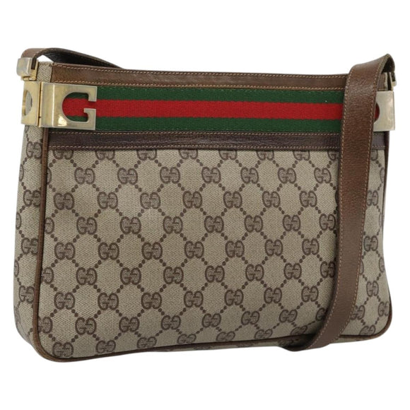 GUCCI GG Supreme Web Sherry Line Shoulder Bag PVC Beige Gold Auth 186802