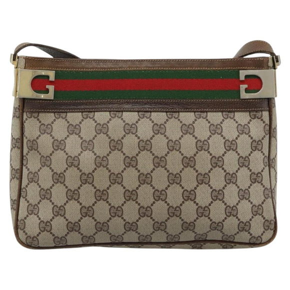 GUCCI GG Supreme Web Sherry Line Shoulder Bag PVC Beige Gold Auth 186802