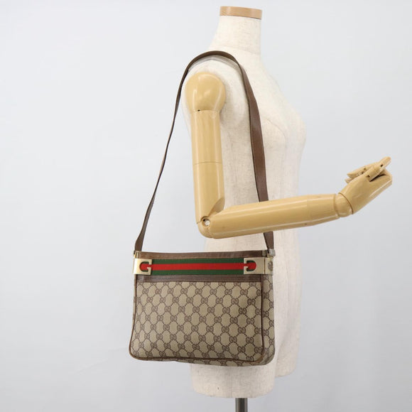 GUCCI GG Supreme Web Sherry Line Shoulder Bag PVC Beige Gold Auth 186802