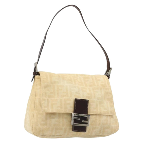 FENDI Zucca Canvas Mamma Baguette Shoulder Bag Beige Silver Auth 186809A