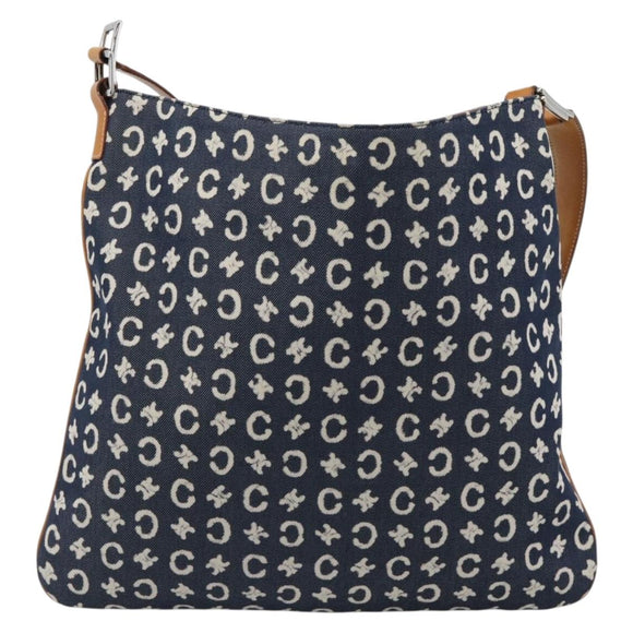 CELINE C Macadam Canvas Shoulder Bag Navy Silver Auth 186810A