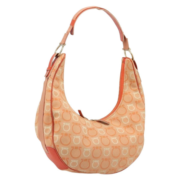 Salvatore Ferragamo Gancini Shoulder Bag Canvas Orange Gold Auth 186826