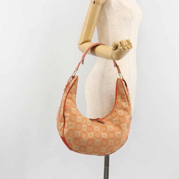 Salvatore Ferragamo Gancini Shoulder Bag Canvas Orange Gold Auth 186826