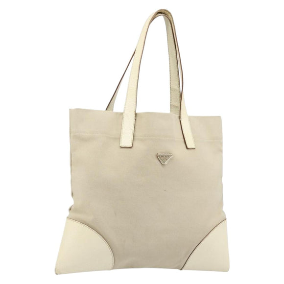 PRADA Tote Bag Canvas Beige Silver Auth 186830
