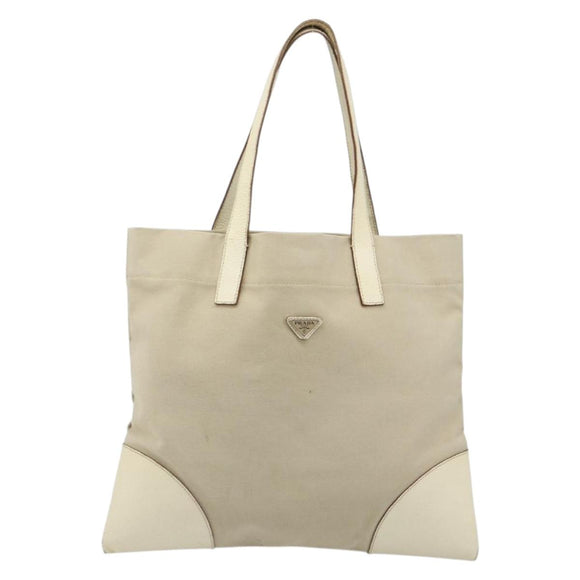 PRADA Tote Bag Canvas Beige Silver Auth 186830