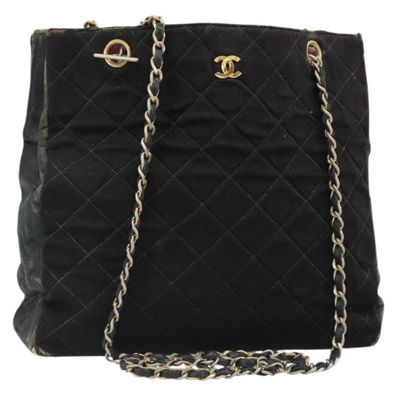 CHANEL Chain Shoulder Bag Cotton Black Gold CC Auth 186834