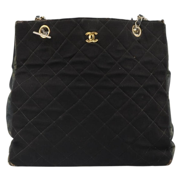 CHANEL Chain Shoulder Bag Cotton Black Gold CC Auth 186834