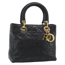 Christian Dior Lady Dior Hand Bag Lamb Skin Black Gold Auth 186836SAV-1