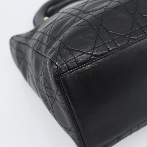 Christian Dior Lady Dior Hand Bag Lamb Skin Black Gold Auth 186836SAV