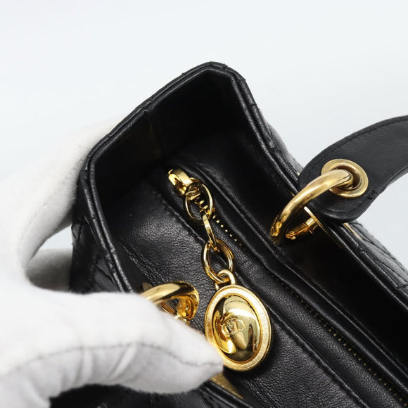 Christian Dior Lady Dior Hand Bag Lamb Skin Black Gold Auth 186836SAV
