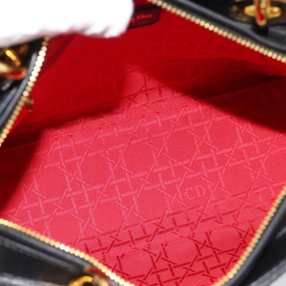 Christian Dior Lady Dior Hand Bag Lamb Skin Black Gold Auth 186836SAV