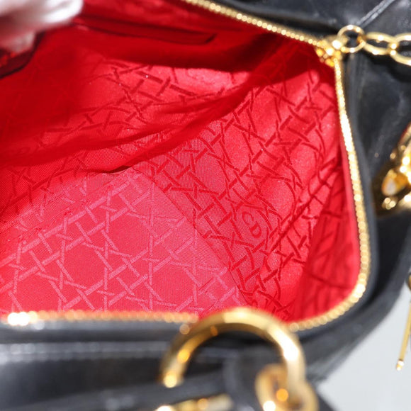 Christian Dior Lady Dior Hand Bag Lamb Skin Black Gold Auth 186836SAV