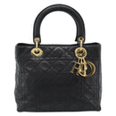 Christian Dior Lady Dior Hand Bag Lamb Skin Black Gold Auth 186836SAV-13