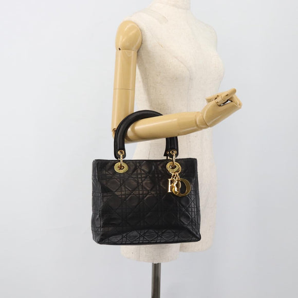 Christian Dior Lady Dior Hand Bag Lamb Skin Black Gold Auth 186836SAV