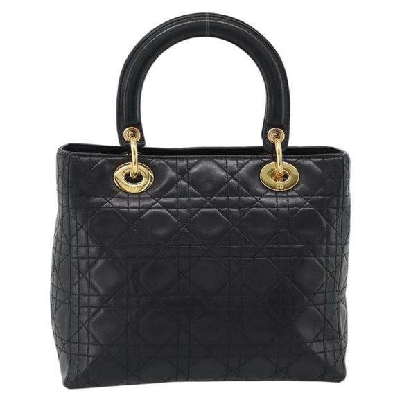 Christian Dior Lady Dior Hand Bag Lamb Skin Black Gold Auth 186836SAV
