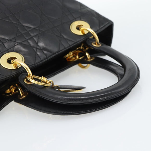 Christian Dior Lady Dior Hand Bag Lamb Skin Black Gold Auth 186836SAV