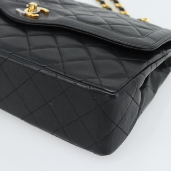 CHANEL Matelasse Chain Bag Lamb Skin Paris Limited Black Gold CC Auth 186838SAV