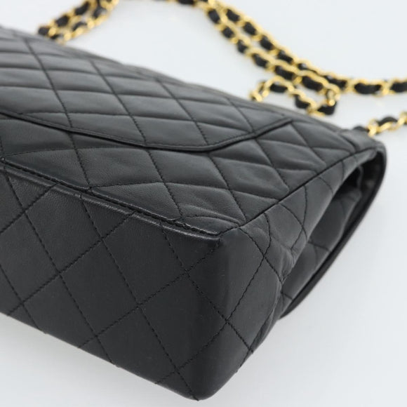 CHANEL Matelasse Chain Bag Lamb Skin Paris Limited Black Gold CC Auth 186838SAV