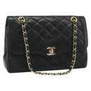 CHANEL Matelasse Chain Bag Lamb Skin Paris Limited Black Gold CC Auth 186838SAV-1