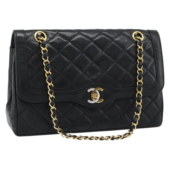CHANEL Matelasse Chain Bag Lamb Skin Paris Limited Black Gold CC Auth 186838SAV