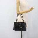 CHANEL Matelasse Chain Bag Lamb Skin Paris Limited Black Gold CC Auth 186838SAV-26