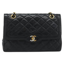CHANEL Matelasse Chain Bag Lamb Skin Paris Limited Black Gold CC Auth 186838SAV-13