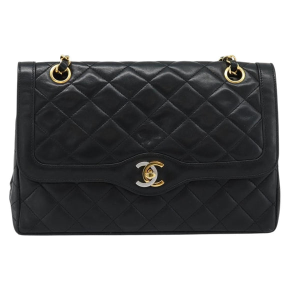 CHANEL Matelasse Chain Bag Lamb Skin Paris Limited Black Gold CC Auth 186838SAV