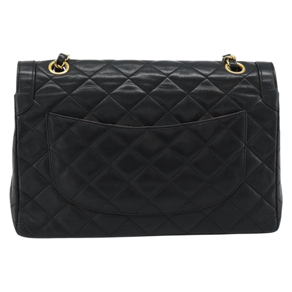CHANEL Matelasse Chain Bag Lamb Skin Paris Limited Black Gold CC Auth 186838SAV
