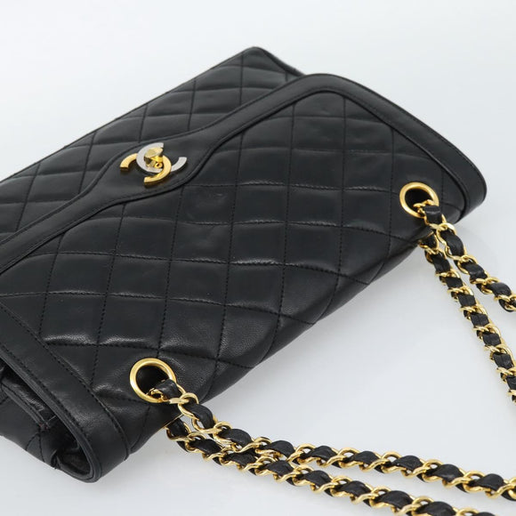 CHANEL Matelasse Chain Bag Lamb Skin Paris Limited Black Gold CC Auth 186838SAV