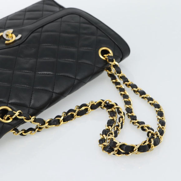 CHANEL Matelasse Chain Bag Lamb Skin Paris Limited Black Gold CC Auth 186838SAV